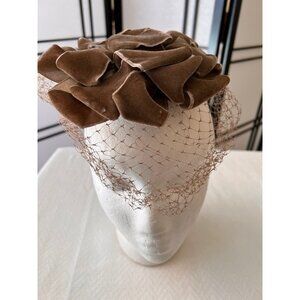 Vintage Fascinator Chocolate Brown Layered Velvet Bow Netting